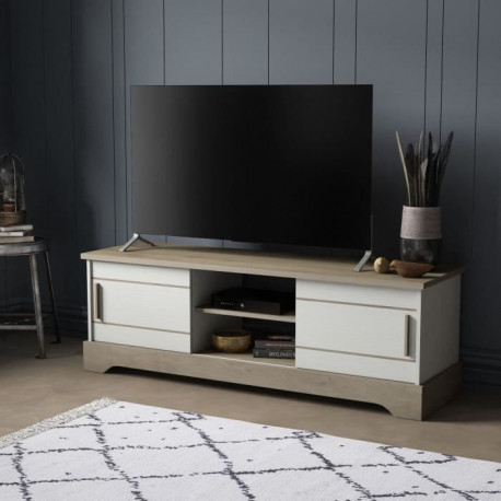 Banc TV  - 2 portes coulissantes - mélamine blanc structuré et chene kronberg - L 150 x P 45 x H 50 cm - Cottage