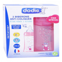 Dodie Biberon Initiation+ Anti-Coliques 3 Vitesses +0m Rose Licorne Lot de 2 x 270ml