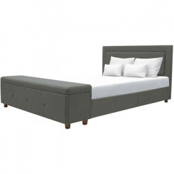 Lit adulte DREW - 140 x 190 cm  - Tissu - Imitation lin gris  - Banc coffre de rangement - Sommier inclus