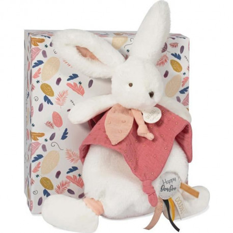 Doudou et Compagnie - Doudou Lapin - 25 cm - Lapin Pompom  Blanc/Terracotta - Idée Cadeau  - Happy Boho - Happy Doudou To You