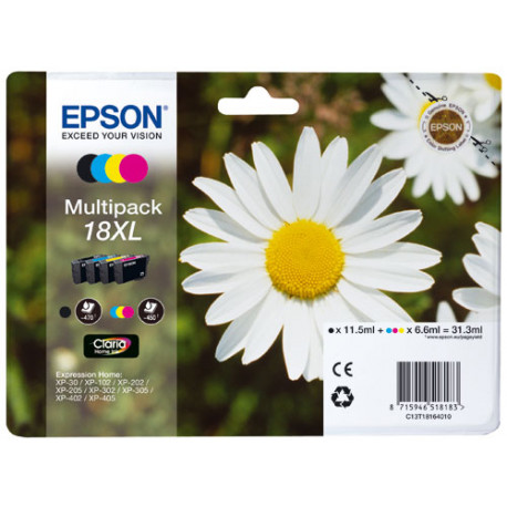 Pack de Cartouche d'encre Epson Pâquerette 18 XL Noir, Cyan, Magenta et Jaune