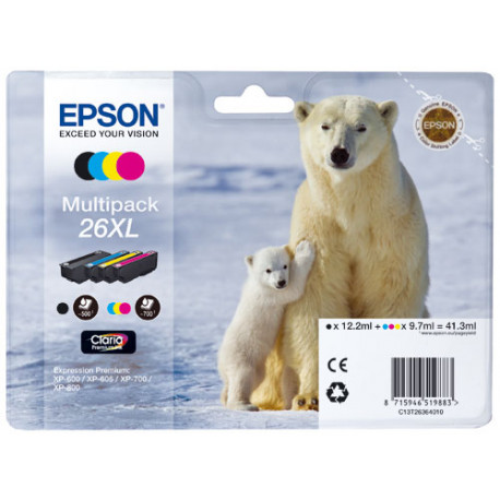 Pack de Cartouche d'encre Epson Pack Ours Polaire 26 XL Noir, Cyan, Magenta et Jaune