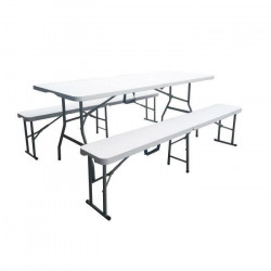 Ensemble de reception pliant - Table 8 personnes 180cm et 2 bancs - Structure en acier & Plateau en Polyéthylene PEHD - Blanc