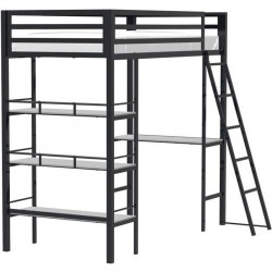 Lit mezzanine avec rangements et bureau intégré - 90 x 190 cm - Noir - Sommier inclus - MANDY