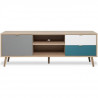 CUBA Meuble TV scandinave décor chene, gris, blanc et bleu pétrole - L 150 cm