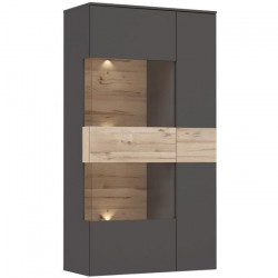 Vitrine 1 porte + LED - Décor chene et gris - L 90,1 x P 41,3 x H 168,1 cm - COMO