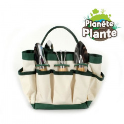 PLANETE PLANTE Sac de jardinage en tissu beige avec outils de jardin : 4 outils et 10 marques plantes