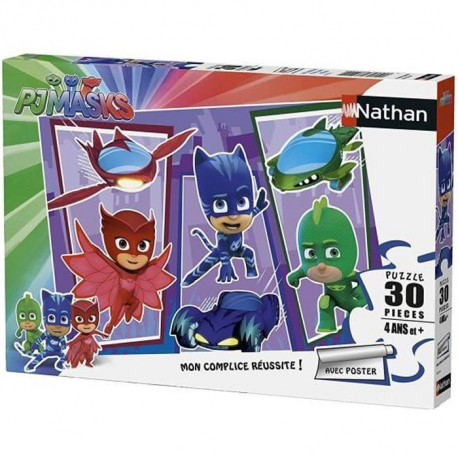 PYJAMASQUES Puzzle 30 pieces - Les Pyjamasques et leurs super-véhicules - Nathan - Puzzle Enfant + Poster - Des 4 ans