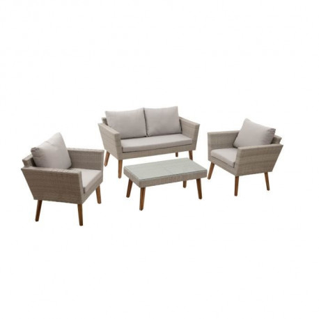 Salon de jardin en résine tressée et pieds en bois d'Acacia FSC avec coussins - 4 personnes - Mira - Gris
