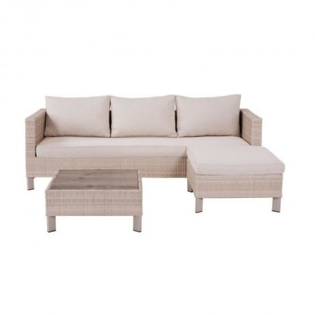 Salon de jardin en résine tressée avec coussins - 3 personnes - Cuba - Beige