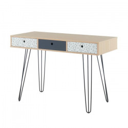 Bureau droit - Décor chene et gris - Contemporain - L 115 x P 50 x H 77 cm - 3 tiroirs a imprimés graphiques