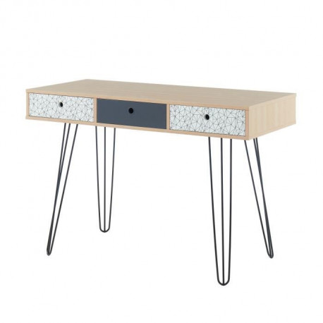 Bureau droit - Décor chene et gris - Contemporain - L 115 x P 50 x H 77 cm - 3 tiroirs a imprimés graphiques