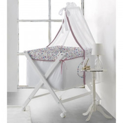 TANUKI - Berceau complet en bois DULCES SUEÑOS - Matelas + Sommier + Couette + Ciel de lit + Literie - 4 Roues - Rose