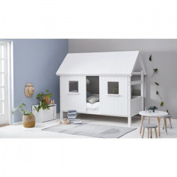 Lit cabane enfant 90 x 200 cm - Pin et MDF blanc laqué - Sommier inclus