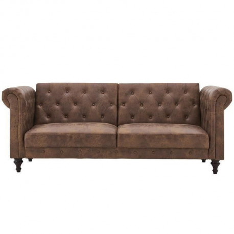 CESAR Canapé convertible Clic-Clac 3 places chesterfield en Microfibre vintage marron - L 217 x P 89 x H 86 cm