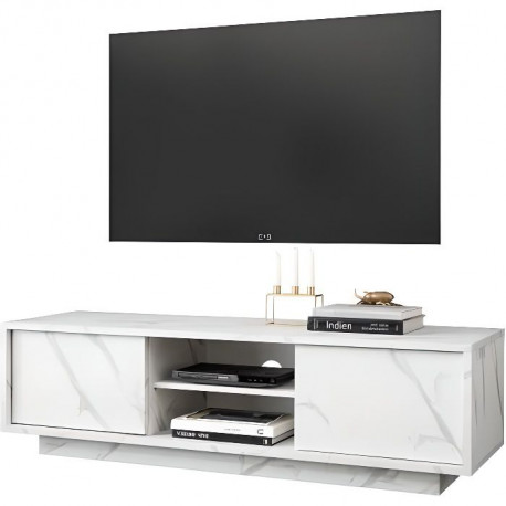Meuble TV - Style chic - Marbre blanc - L 138 x P 44 x H 43 cm - 2 Portes - MARMO