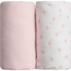 BABYCALIN Lot de 2 draps housse Jersey coton - Impression étoile rose et rose uni - 70 x 140 cm