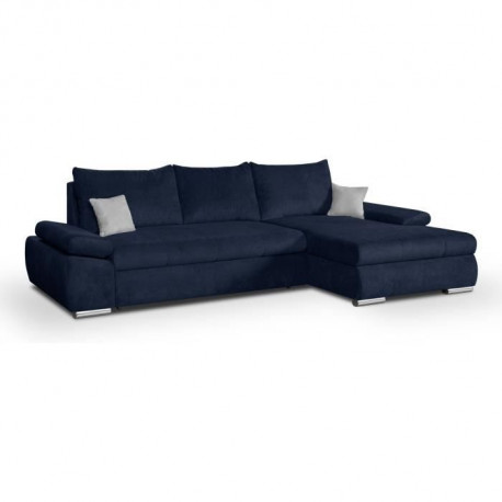 Canapé d' angle gauche 4 places convertible + coffre - Tissu bleu marine et coussins gris clair - L 285 x P 171 x H 80 cm - C…