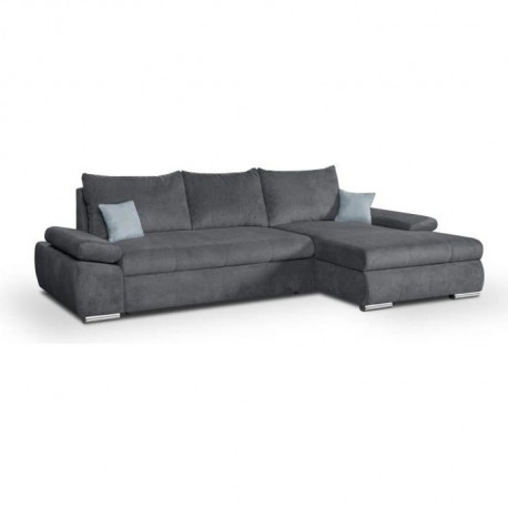 Canapé d'angle droit convertible 4 places - Tissu gris foncé et coussins bleu pastel - L 285 x P 171 x H 80 cm - CASERTO