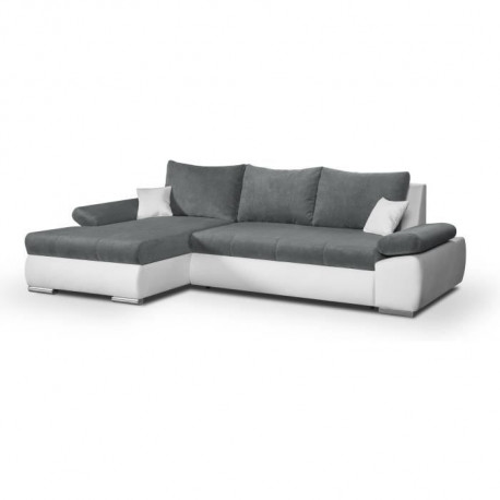Canapé d'angle gauche 4 places convertible + coffre + 2 coussins - Tissu gris et simili blanc - L 285 x P 171 x H 80 cm - CAS…