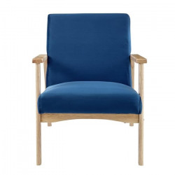 Fauteuil en Velours Bleu nuit - Pieds en bois naturel - L 63 x P 78 x H 75 cm - TULIO