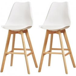 BJORN Lot de 2 tabourets de bar pieds en bois hetre massif - Revetement simili PU blanc - Scandinave - Assise H 65cm