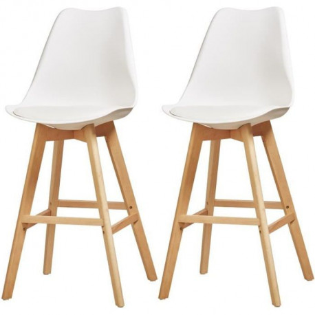 BJORN Lot de 2 tabourets de bar pieds en bois hetre massif - Revetement simili PU blanc - Scandinave - Assise H 65cm