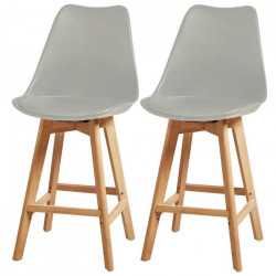 BJORN Lot de 2 tabourets de bar pieds en bois hetre massif - Revetement simili gris - Scandnave - Assise H 65cm