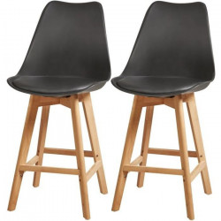 Tabourets de bar - Pieds en bois hetre massif, revetement simili noir - Lot de 2 - BJORN - L 48,5 x P 53 x H 100 cm - Assise …