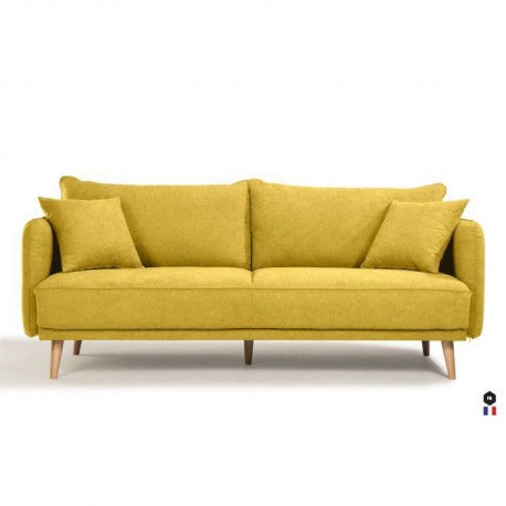 Canapé Fixe 3 places - Tissu Jaune avec 2 Coussins Déco Bi-face - L 207 x P 90 x H 88 cm - DAREN