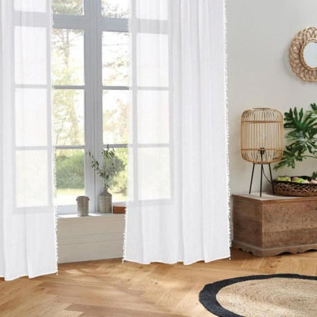 Voilage Pompons Gypsy Polyester et coton - 140x240 cm - Ivoire