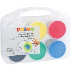 PRIMO 228TXD100SP Gouache aux doigts textile en pot de 100 gr., mallette multifonction, 6 couleurs.