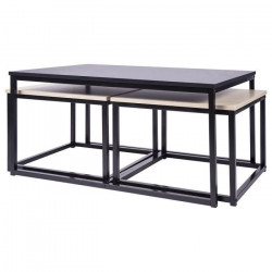 Lot de 3 Tables gigognes - Métal noir et bois - L 90 x P 60 x H 43 cm et L 50 x P 50 x H 35 cm - MINSK