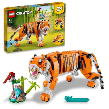 LEGO 31129 Creator 3 en 1 Sa Majesté le Tigre, Jouets Animaux pour Filles et Garçons des 9 Ans, Figurines Panda, Poisson