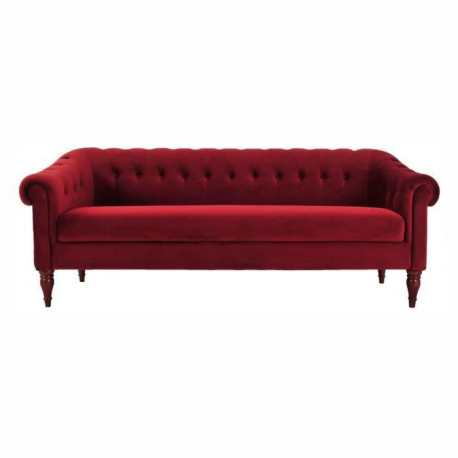 Canapé Chesterfield fixe 3 places - Velours rouge et pieds en bois - L 203,5 x P 80,5 x H 80 cm - LIAM