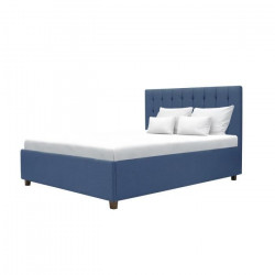 EMILY Lit adulte 140x190 cm + Coffre de rangement - Tissu bleu foncé - Sommier inclus