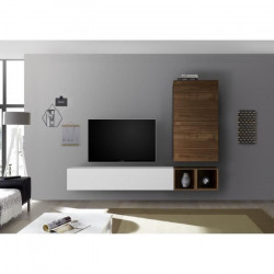 Meuble TV Mural  - Décor Noyer foncé et Blanc Laqué - L 193 x P 30 x H 170 cm - Foggia