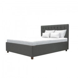 EMILY Lit adulte 140x190 cm + Coffre de rangement - Tissu imitation lin gris foncé - Sommier inclus