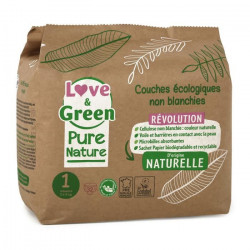 LOVE AND GREEN Couches hypoallergéniques Non blanchies Pure Nature - Certifiées Ecolabel T1 x 32 (2 a 5 kilos)