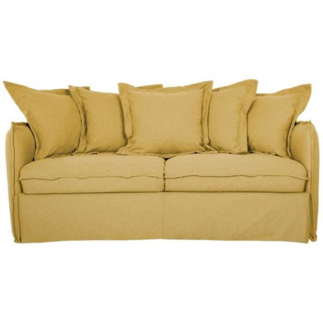 Canapé 3 places convertible - Tissu effet lin jaune moutarde - Couchage express - L177 x P104 x H89 cm - CIPRO
