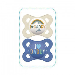 MAM Sucette Décor Message - 2-6 mois - Silicone - Bte stérilisation - Lot de 2 - Daddy bleu