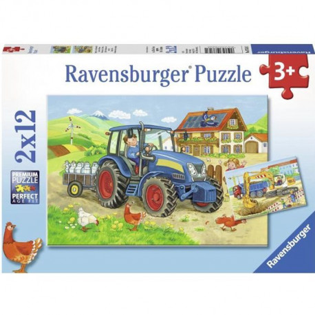 Puzzles 2x12 pieces - Chantier et ferme - Ravensburger - Lot de puzzles enfant - Des 3 ans
