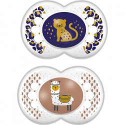 MAM Sucette Décor Animaux - a partir de 18 mois - Silicone - Lot de 2 sucettes en boîte de stérilisation - Chat/Lama