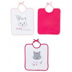 Babycalin Lot de 3 bavoirs 1er age Chat/souris - 28 x 32 cm Lacet face jersey 100% coton