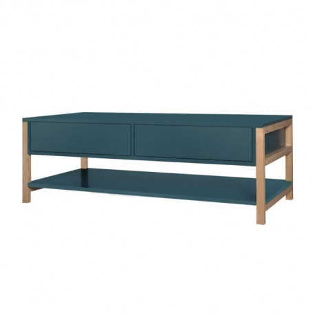 Table basse 2 tiroirs - Bleu et bois - L 120 x P 60 x H 42 cm - ANKARA