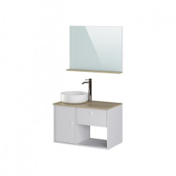 Meuble salle de bain avec vasque + miroir - 1 tiroir 1 portes - Décor chene et blanc - L 80 x P 46 x H 63 cm - LARS