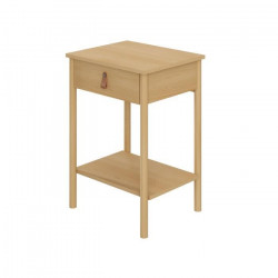 Table de Chevet 1 tiroir - Bois et melamine avec poignée en cuir - L 48 x P 40 x H 69 cm