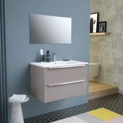 ZOOM meuble de salle de bain simple vasque avec miroir L 80cm - 2 tiroirs a fermeture ralenties - Taupe laqué brillant
