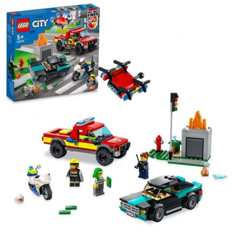 LEGO 60319 City Fire Le Sauvetage Des Pompiers et La Course-Poursuite de La Police, Voiture, Camion et Moto pour Enfants +5 ans