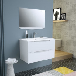 SMILE Salle de bain simple vasque avec miroir L 80 cm - 2 tiroirs a fermeture ralenties - Blanc laqué